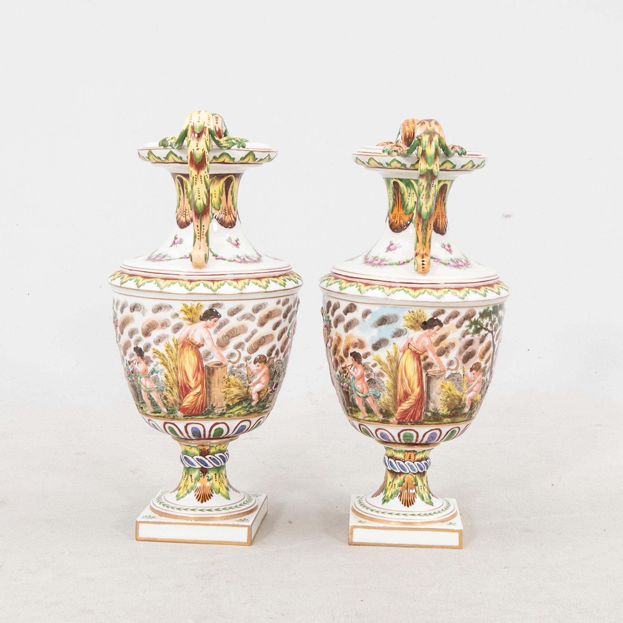 Urns a pair Capo Di Monte, Napoli-like marking, Italy, 20th century porcelain.