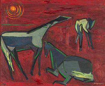 Lars Gynning, duk, Hästar i solnedgång.