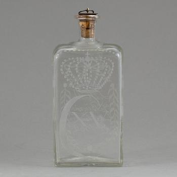 BRÄNNVINSFLASKA, glas, Bjursås. Daterad 1862.