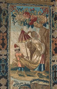 EMBROIDERY. Cross stitches and petit point. 267,5 x 162,5 cm. Probably England, around 1700.