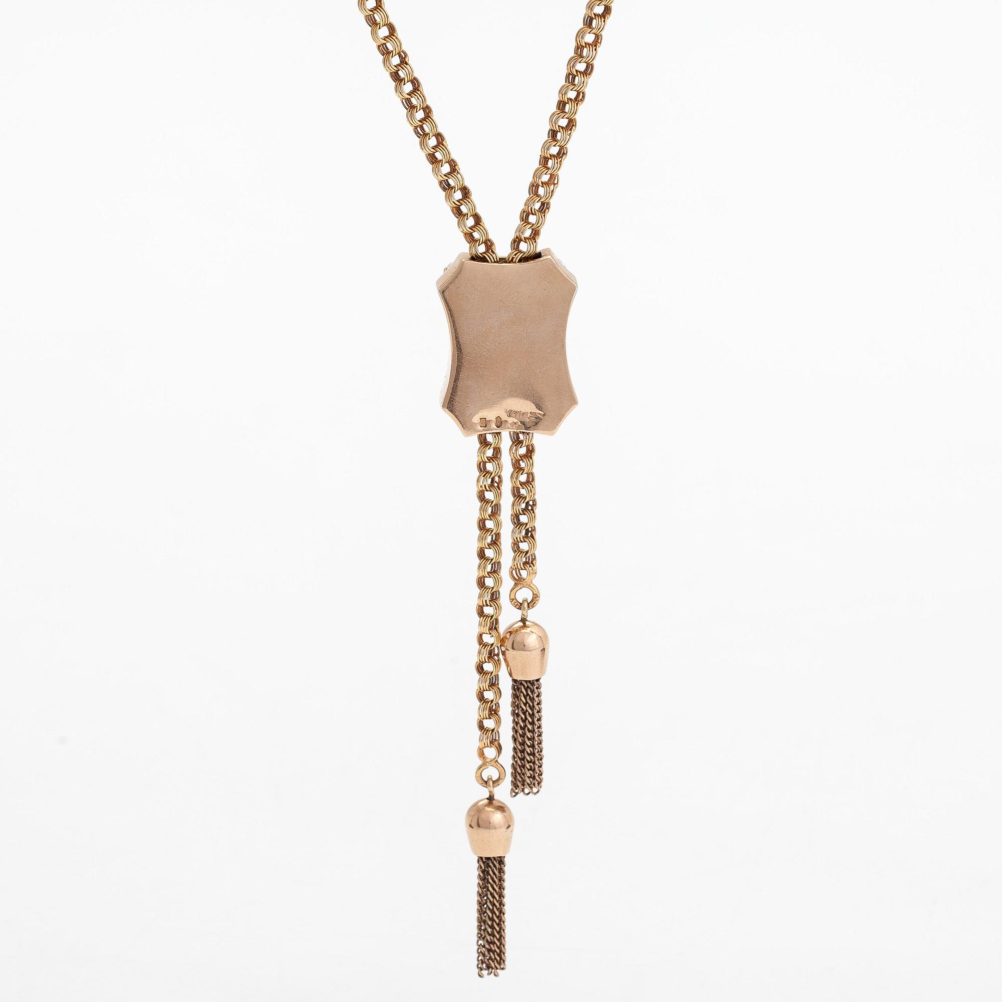 A 14K gold necklace with an amethyst, turquoises and seed pearls. Foreign marks.