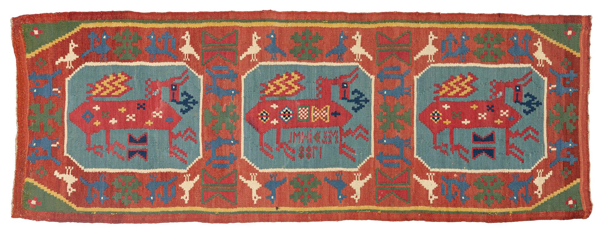 A double-interlocked tapestry carrige cushion, ca 108 x 51 cm, 'Bäckahästen', dated 1788.