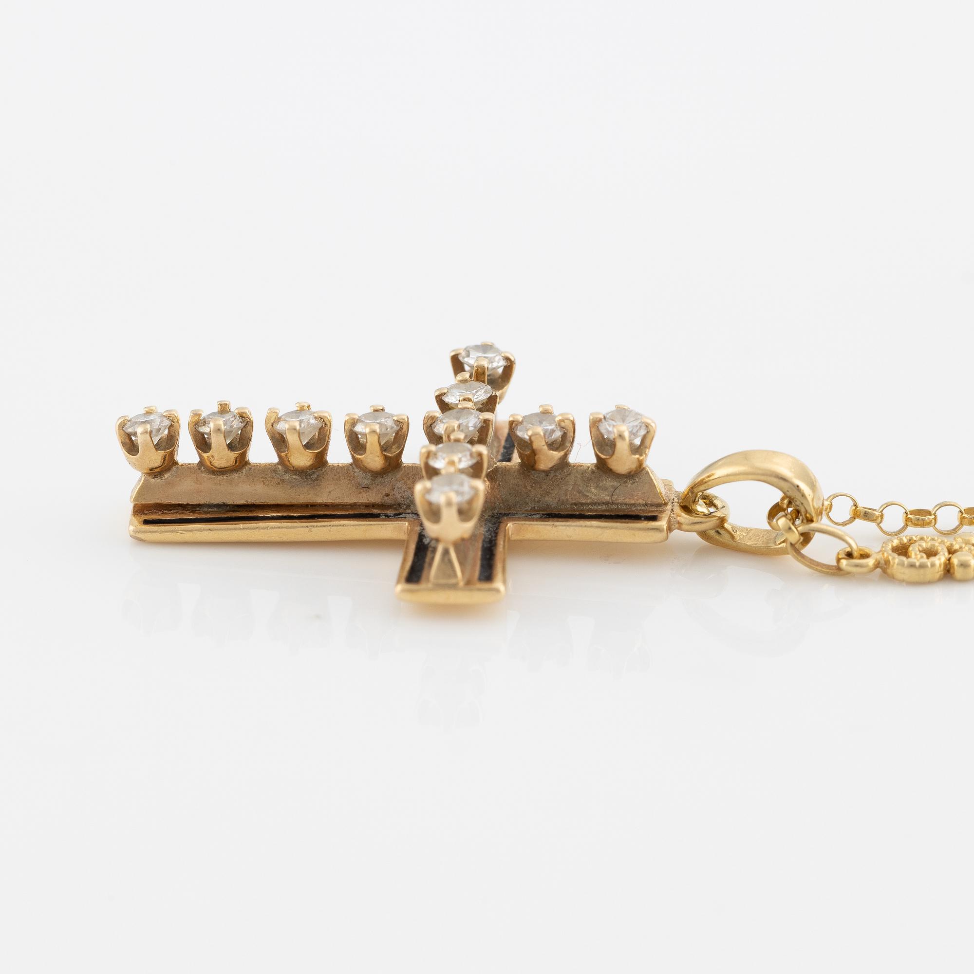 Pendant in the form of a cross with a chain, 14K gold with enamel and round brilliant-cut diamonds.