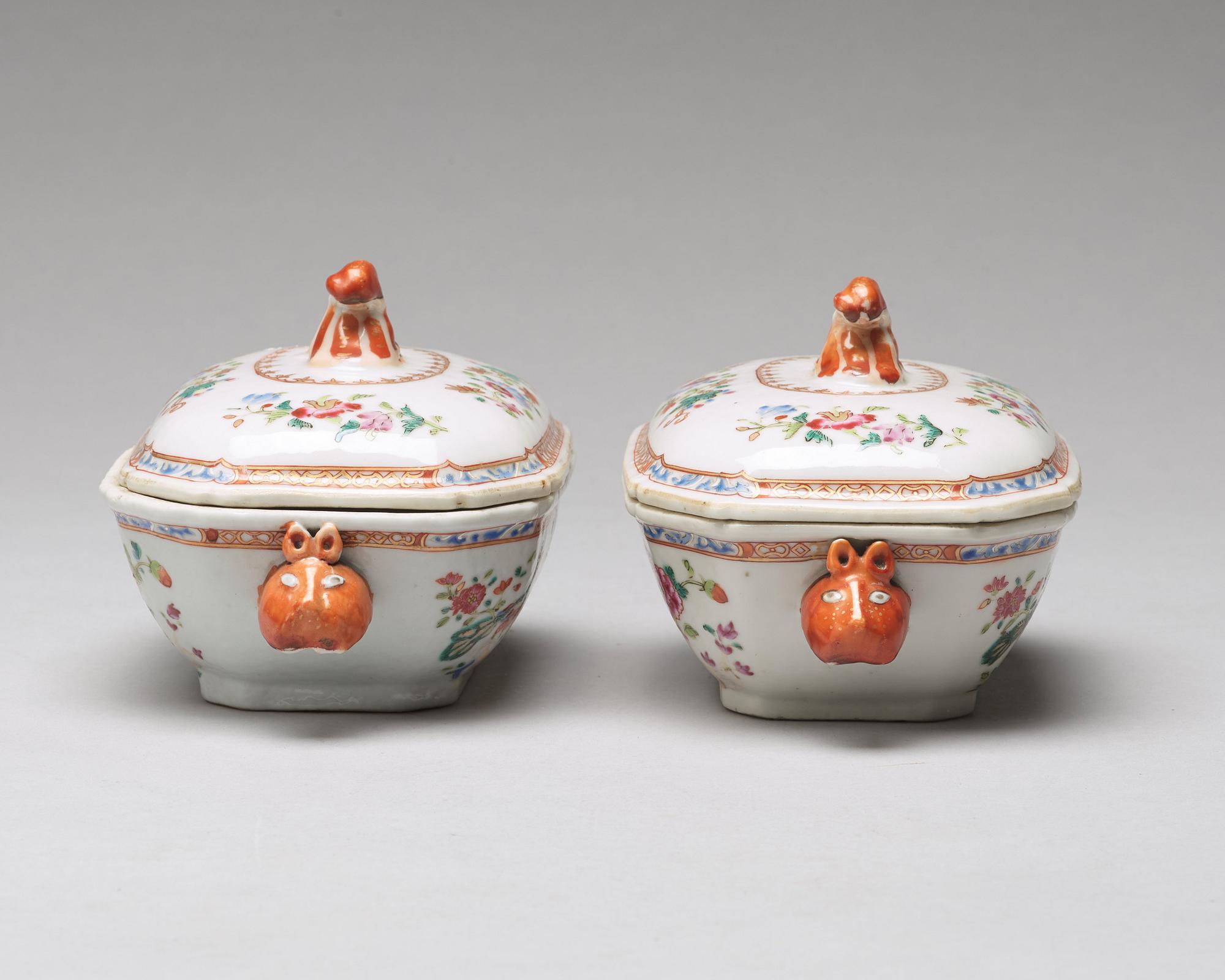 A pair of famille rose 'double peacock' butter tureens with covers and stands, Qing dynasty, Qianlong (1736-95).