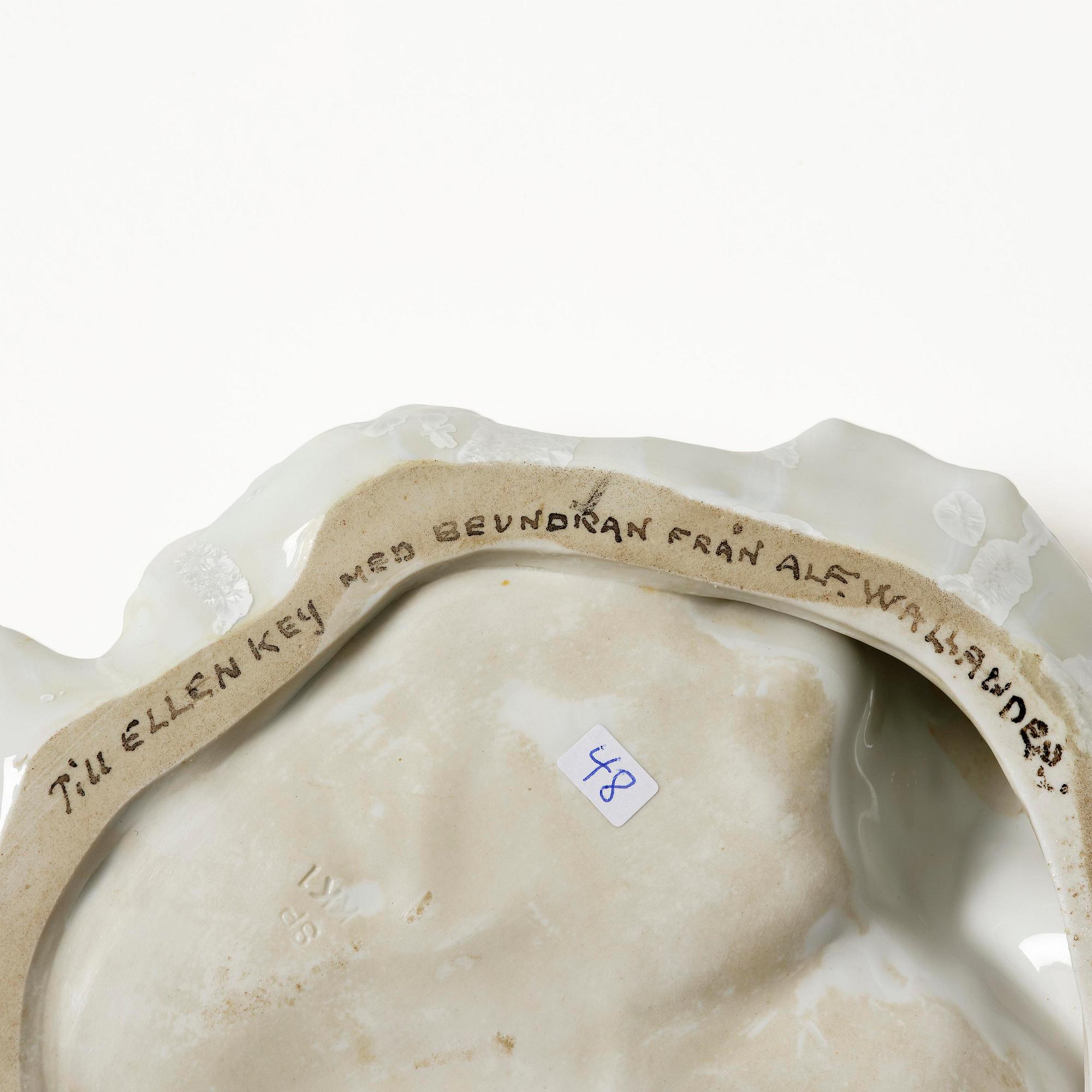 Alf Wallander, an Art Nouveau porcelain dish, Rörstrand, ca 1900, with dedication to Ellen Key.