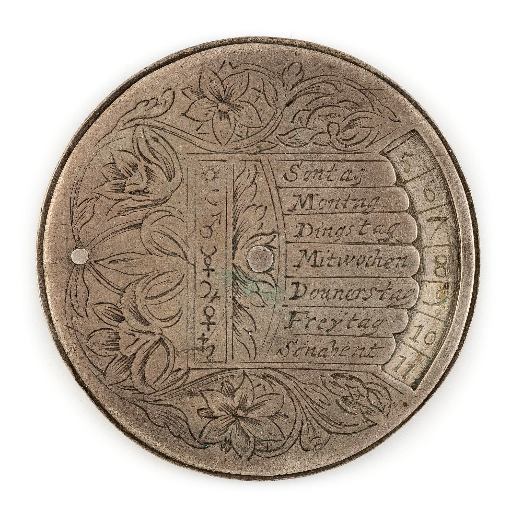 Evighetskalender, silver. Tidigt 1700-tal, troligen Augsburg. Barock.