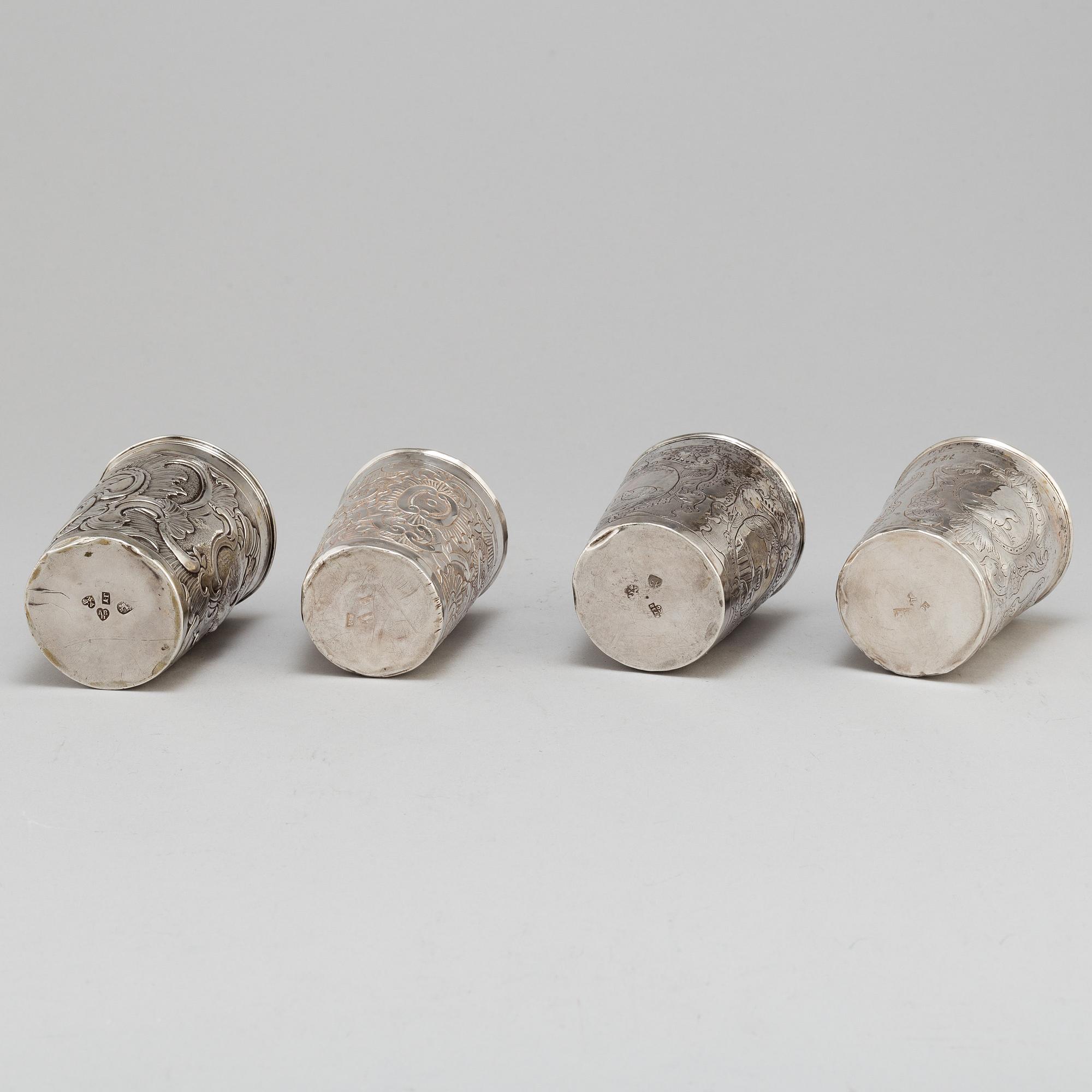 Four Russian 18th century silver beakers.
