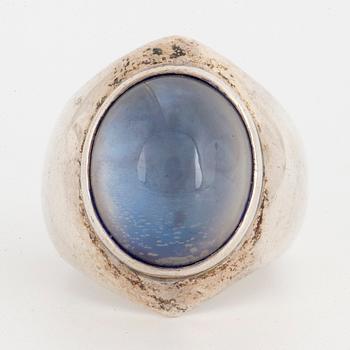 A Rey Urban sterlingsilver ring with cabochon-cut blue stone.