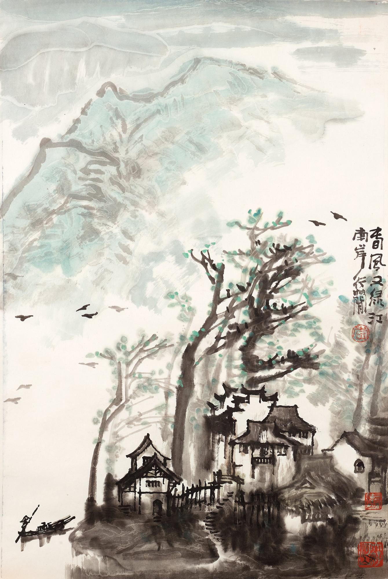 MÅLNING, av Li Xingjian (1937-), "Chunfeng youlü Jiangnan", signerad.