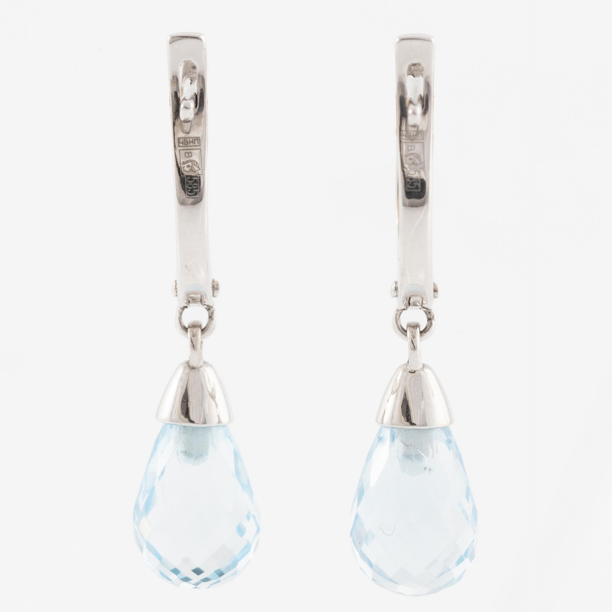 Earrings, a pair, 14K white gold with briolette-cut topaz and octagon-cut diamonds.
