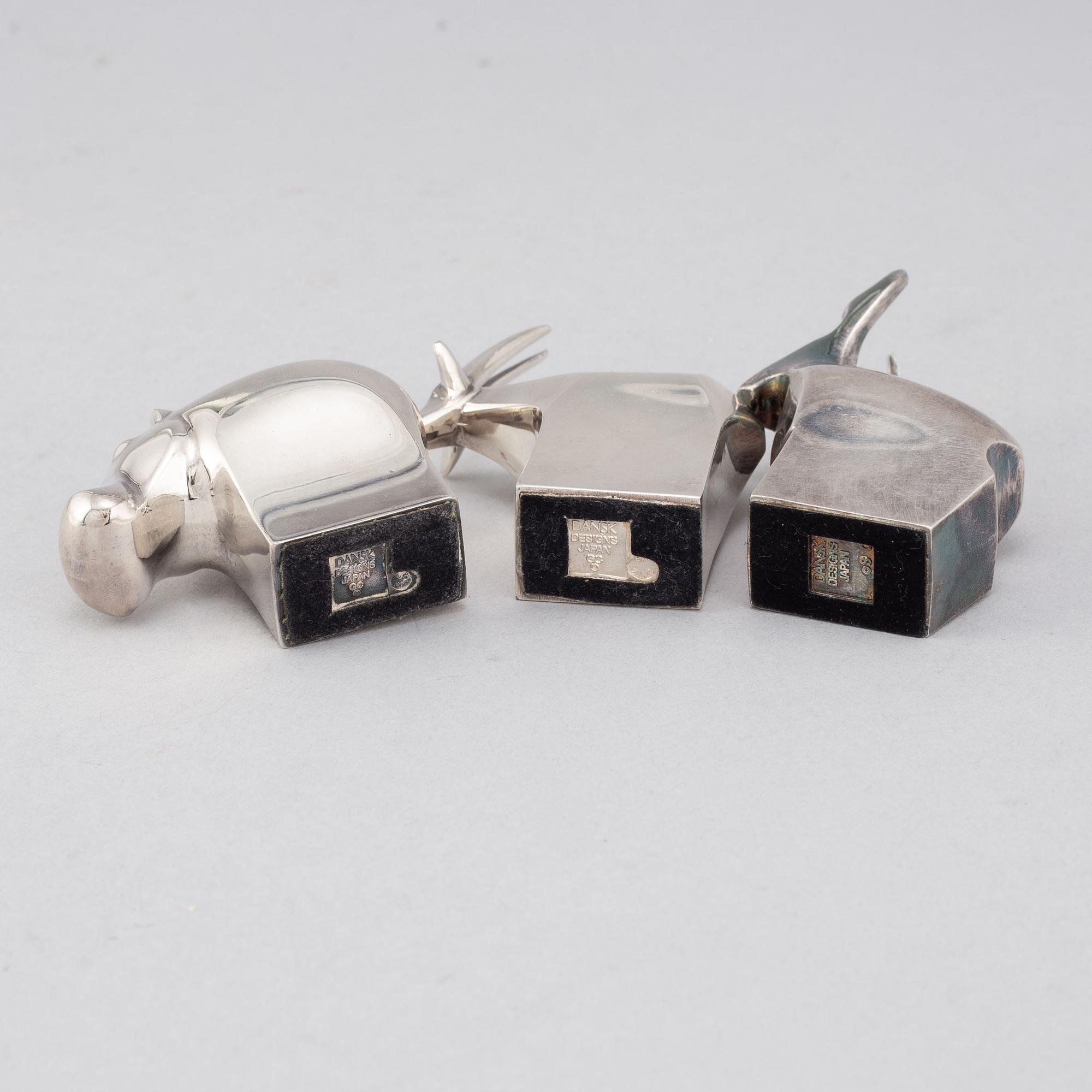Gunnar Cyrén and others, three silver plated zinc figurines, Dansk Designs, Japan.