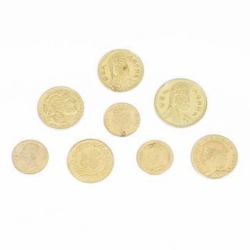 GULDMYNT, 8 stycken. Bl a Italien, Grekland och med arabisk text. 1800-1900-tal. Troligen ca 20 karat. Vikt ca 5,2 gram.