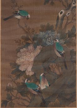 A Chinese scroll painting, ink and colour on silk laid on paper, Qing dynasty, 19th Century, after Yun Bing.