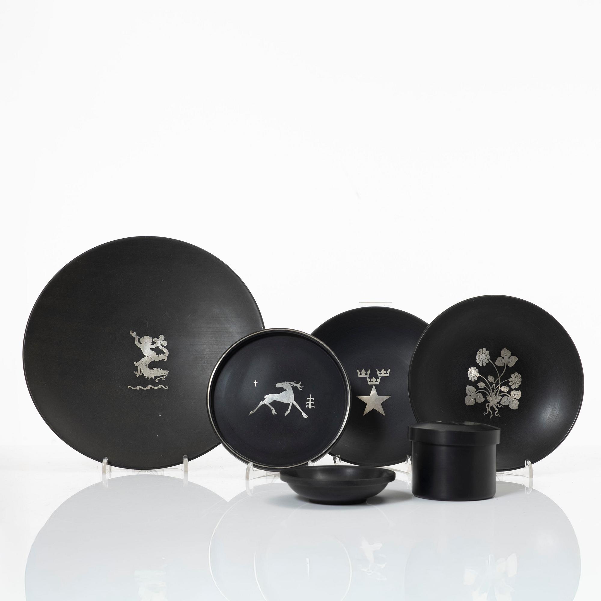 Five dishes, and one box with gaming chips, isolite with silver decor, Perstorp, Sweden, mid-20th century.