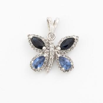 Pendant, 14K white gold set with cabochon-cut sapphires and small diamonds in the shape of a butterfly.