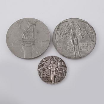 MEDALJ, ETSNING samt MINNESPLAKETTER, 2 st, Olympiska Spelen, London, 1908 samt Stockholm, 1912.