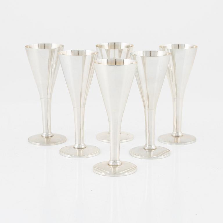 Snapsglas, 6 st, silver, MGAB, Uppsala, 1934.