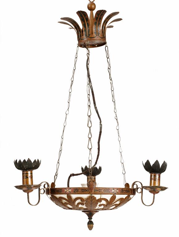 An Empire three-light hanging lamp.