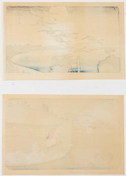 Keisai Eisen, efter, "Cormorant Fishing" och Ando Hiroshige, efter, "Full Moon Over Takanawa", 1900-talets början.