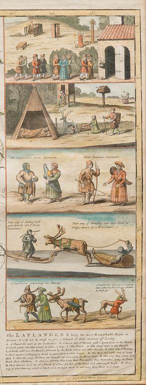 AN OLD ANTIQUE MAP,hand-coloured copper engraving, Scandinavia with 5 vignettes of the Laplanders, H. Moll London 1715.