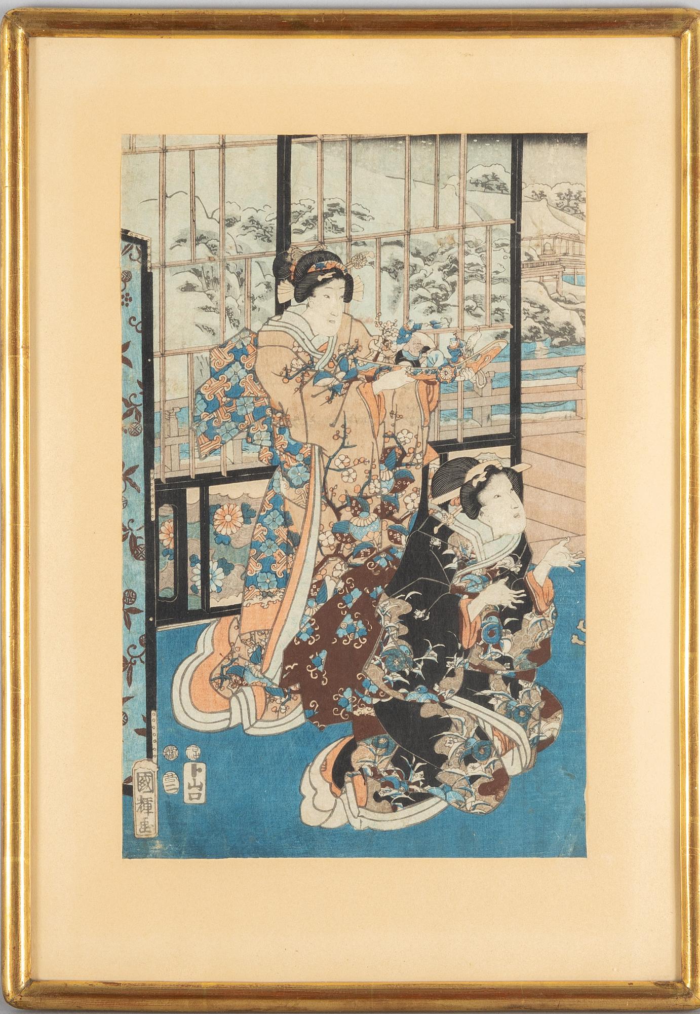 Two woodblock prints by Utagawa Kuniteru I, 1853, and by Utagawa Kunisada(Toyokuni III), first half of the 19th century.