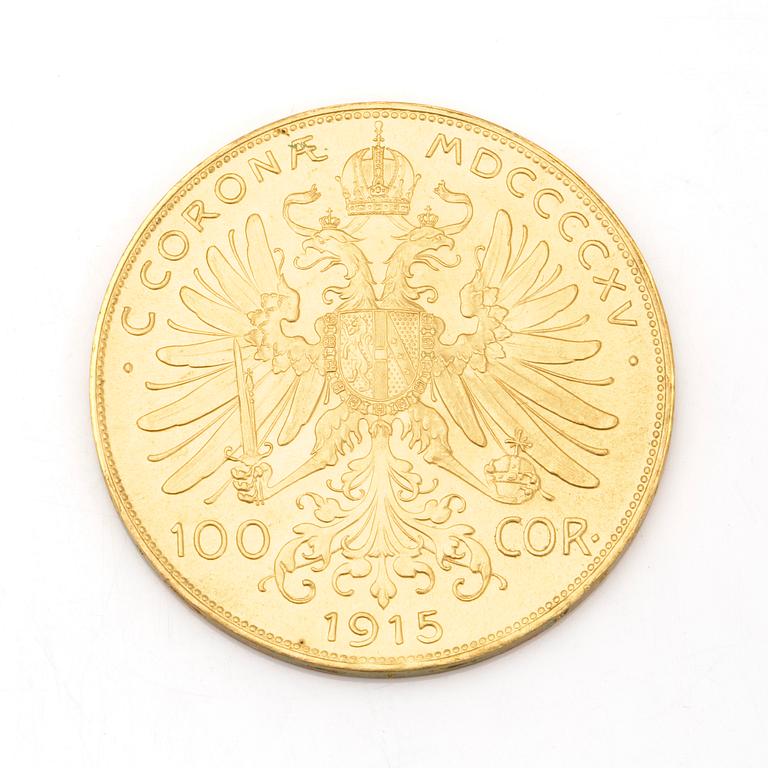 AUSTRIAN 100 CORONA GOLD COIN, 21,6 ct, 1915. Ca 34 grams.