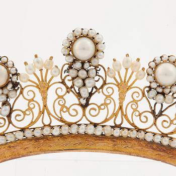 A natural fresh water pearl and natural pearl tiara by Carl Gustaf Florell, Stockholm, 1820.