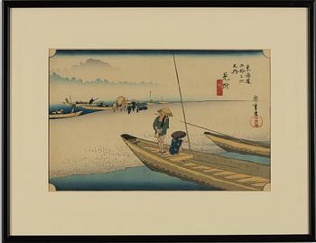 Ando Utagawa Hiroshige, after, two woodblock prints from the series 'The Fifty-three Stations of the Tōkaidō'.