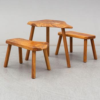 an oak table with two stools, second half of the 20th century.