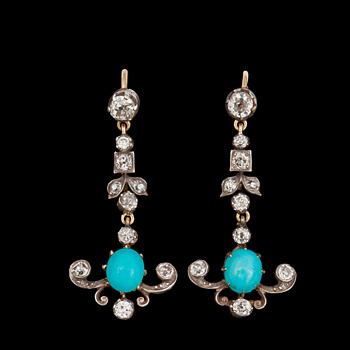 874. A pair of old-cut diamond and turqoise earrings. Total carat weight of diamonds circa 0.50 ct.
