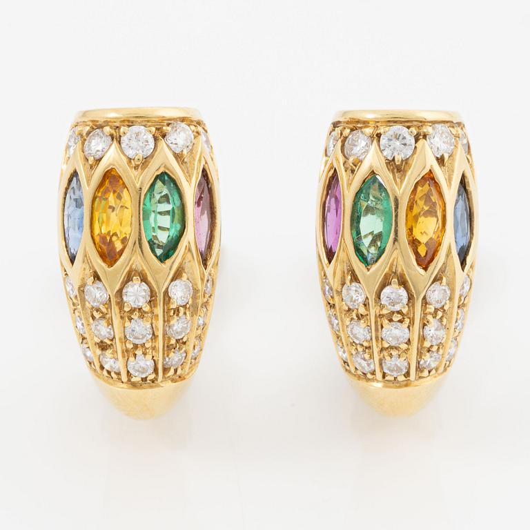 Earrings, 18K gold with diamonds, sapphires, emeralds, rubies, and citrines.