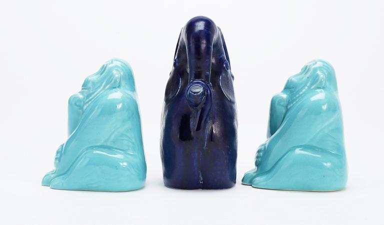 Three Stig Lindberg stoneware figures of an elephant and two apes, Gustavsberg.