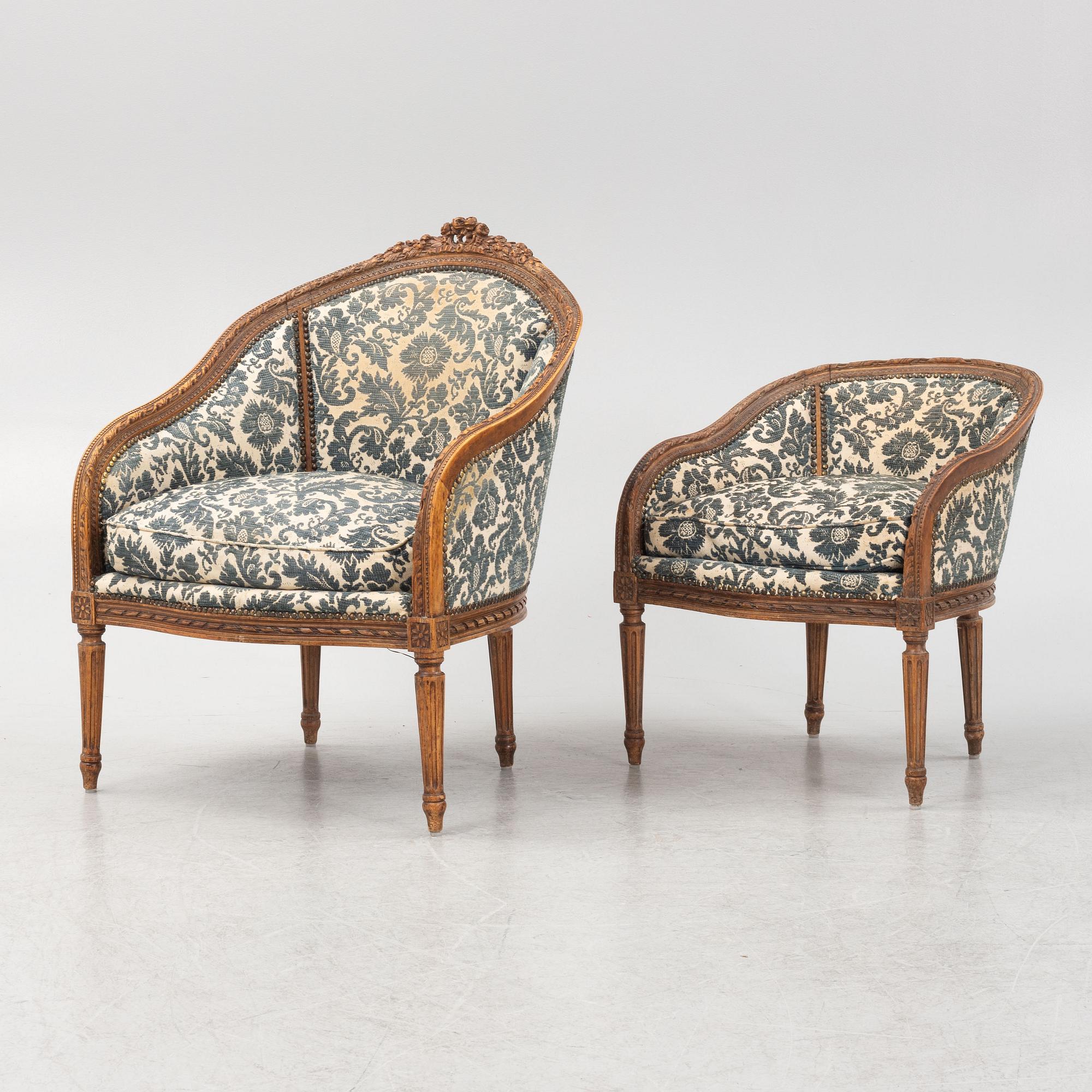 A pair of Louis XVI-style bergères, late 19th Century.