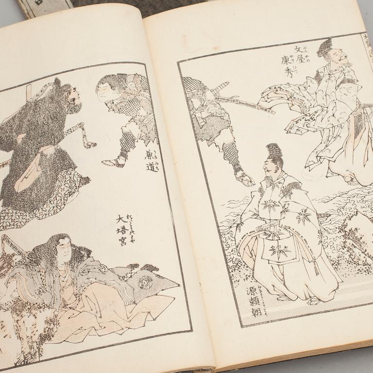 BOK, Hokusai Manga, troligen 1870-tal, samt 8 böcker med träsnitt av olika författare och konstnärer, Japan 1800-tal.