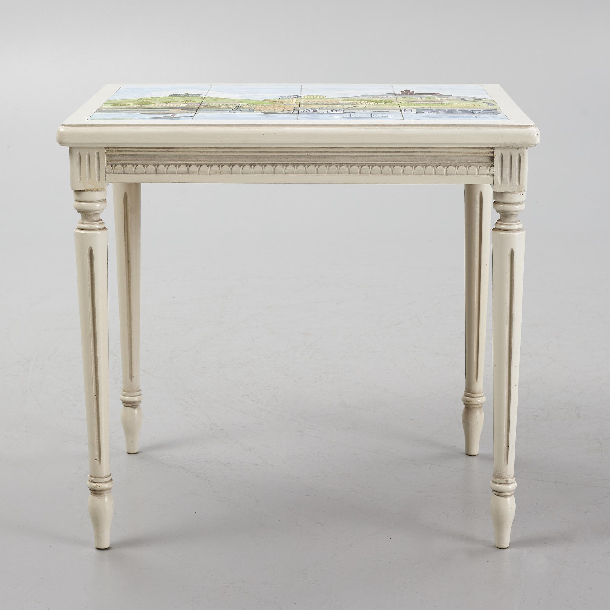 A sofa, three chairs and a table, Gustaivan style and of the Gustavian period, 19th-20th century.