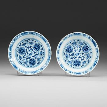 22. A pair of blue and white lotus dishes, Qing dynasty, Guangxu mark and period (1874-1908).