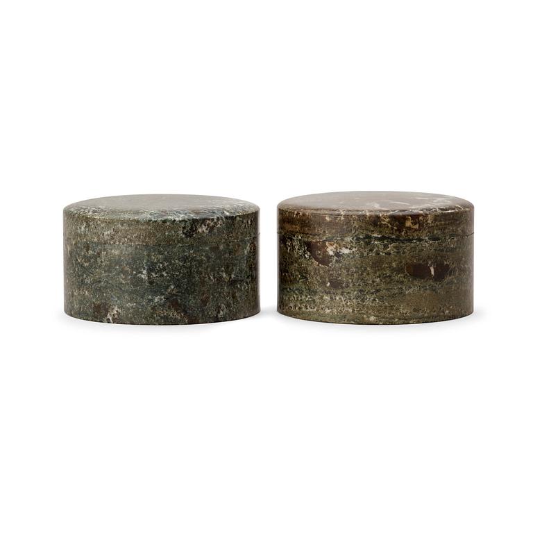 Two Swedish 19th century green marble boxes with covers.