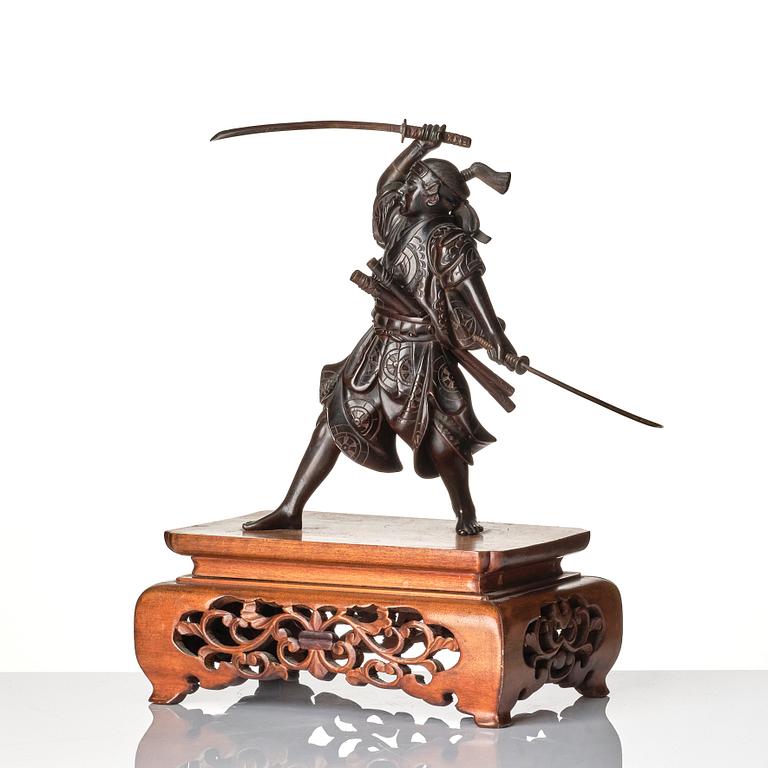 A Japanese bronze sculpture of a samurai warrior, presumably Taisho, or later. Signed.
