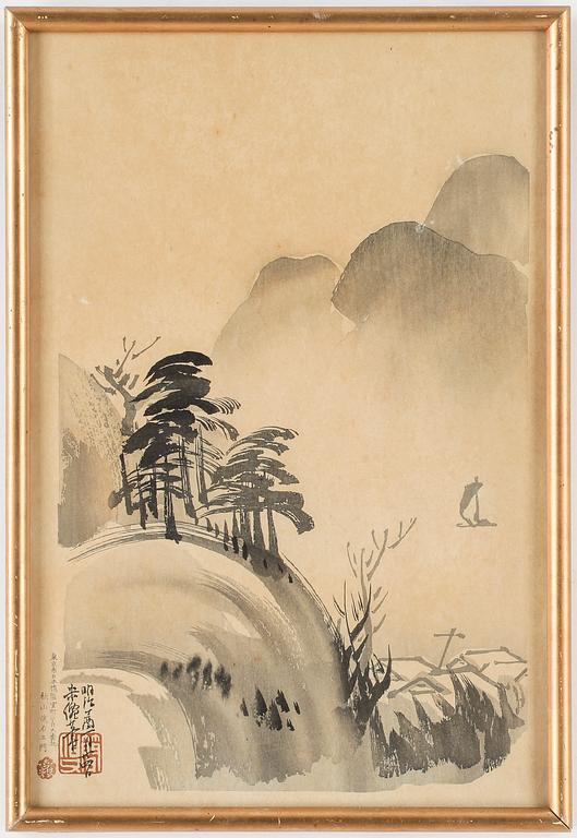 OKÄND KONSTNÄR, 9 st, träsnitt samt akvareller, Japan, 1800/1900-tal.