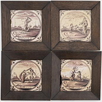A group of four tiles, probably 18th Century, Holland.