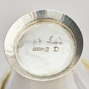 Three Swedish 18th century parcel-gilt silver beakers and a case of birch, different maker's.