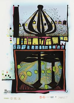 Friedensreich Hundertwasser, fotolitografi och serigrafi med metallprägling, 1984. Signerad och numrerad 4377/10002.