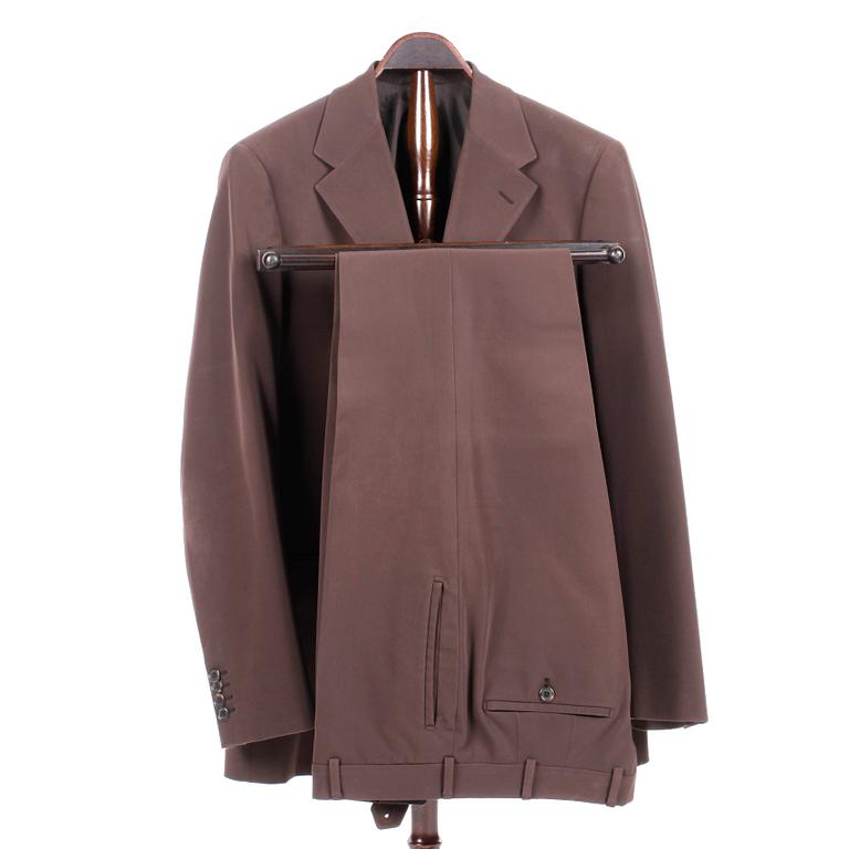 PRADA, a brown men's suit with jacket and pants, size 48.