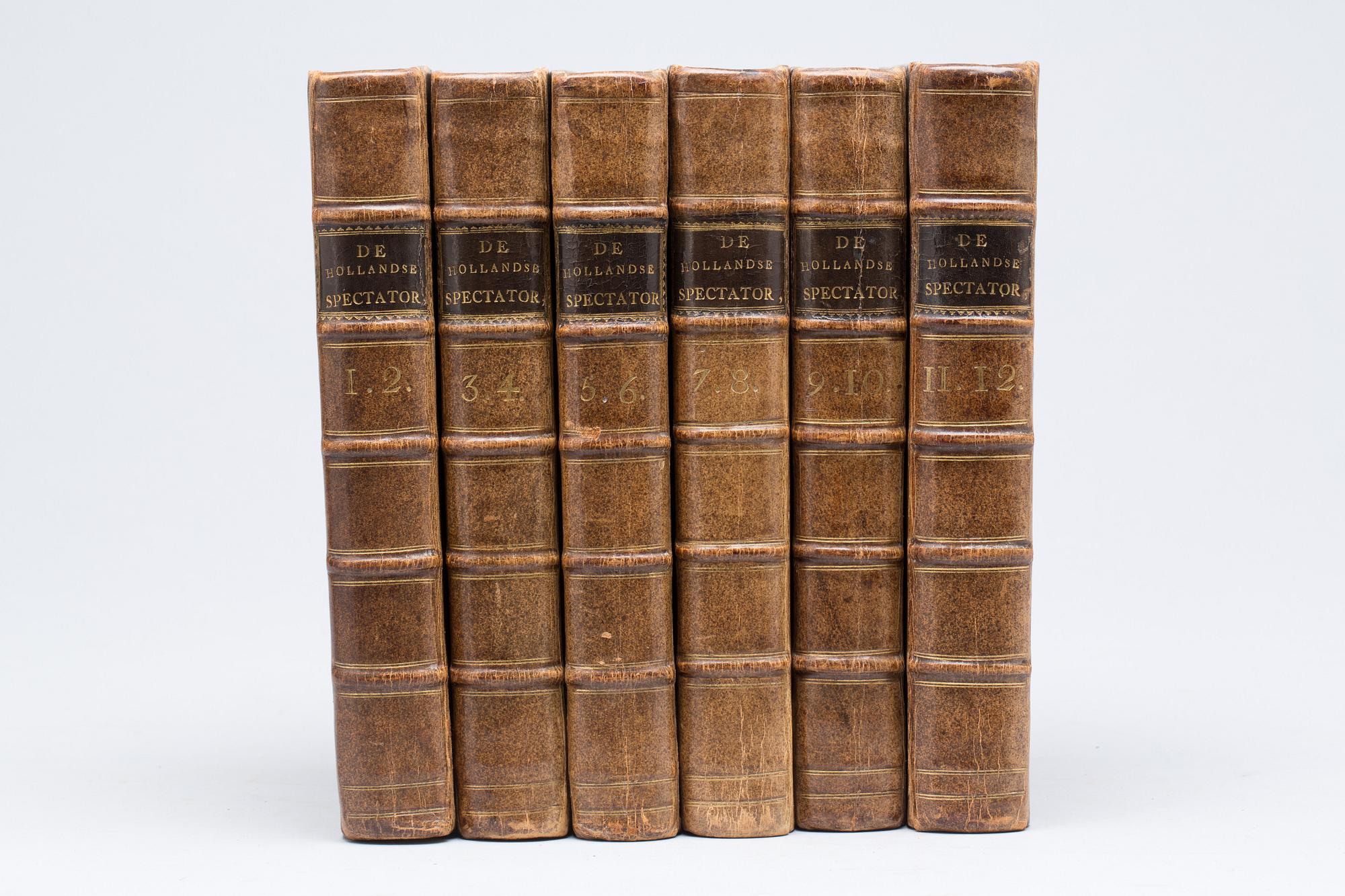 BOK, 6 volymer, "De Hollandsche Spextator", 12 delar i 6 vol.Hermanus Uytwerf, Amsterdam,1731-1735.