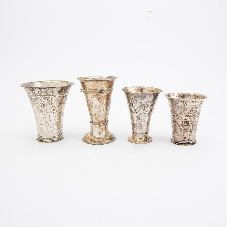 Pokaler 3 st samt skrammelbägare silver Sverige 17/1800-tal.