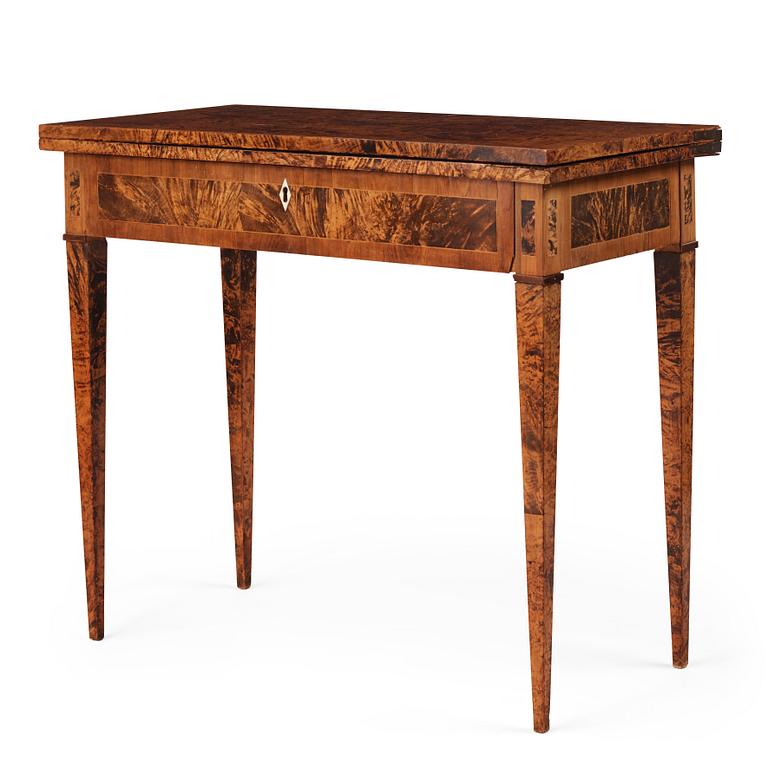 A late Gustavian burr-alder cards table, Mälardalen, late 18th century.