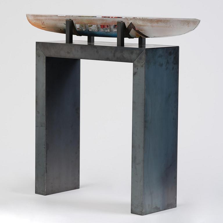 Bertil Vallien, a unique sand cast glass sculpture of a boat, Kosta Boda, Sweden.