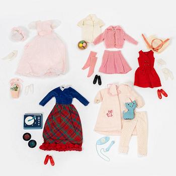 Midge, Ken samt Skipper, med kläder och accessoarer, Mattel, 1960-tal.