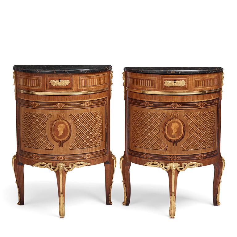 The "De Geer cabinets" a pair of demi-lune cabinets by Georg Haupt (master in Stockholm 1770-1784), Gustavian.