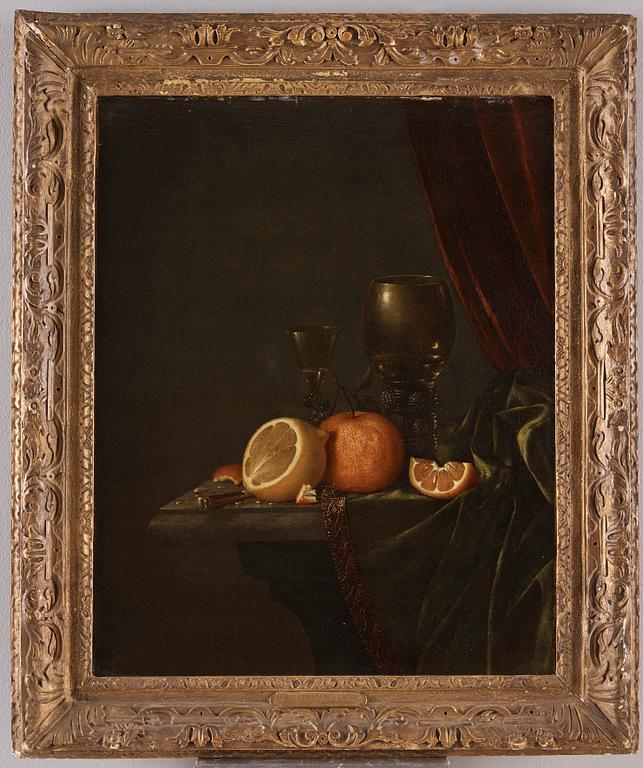 Pieter Elinga Janssens Attributed to, Still Life of a Roemer, lemon and orange.